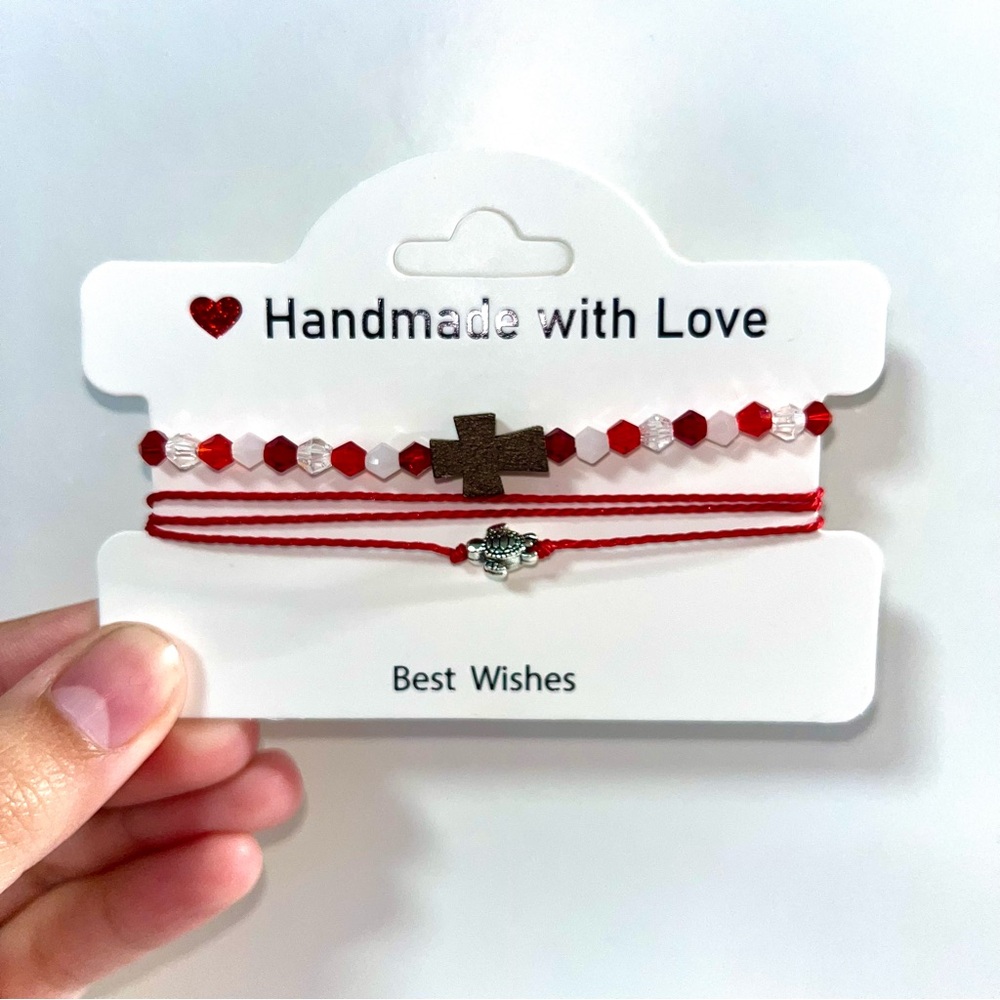 Handmade Red and White Beaded Bracelet Set
